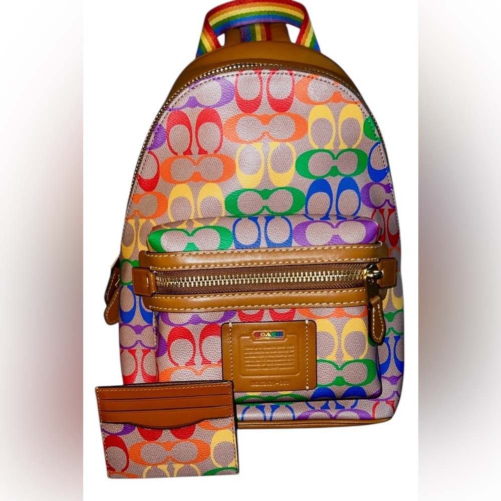 Coach Academy Backpack w/Matching Slim Card Case, In Rainbow Signature Canvas